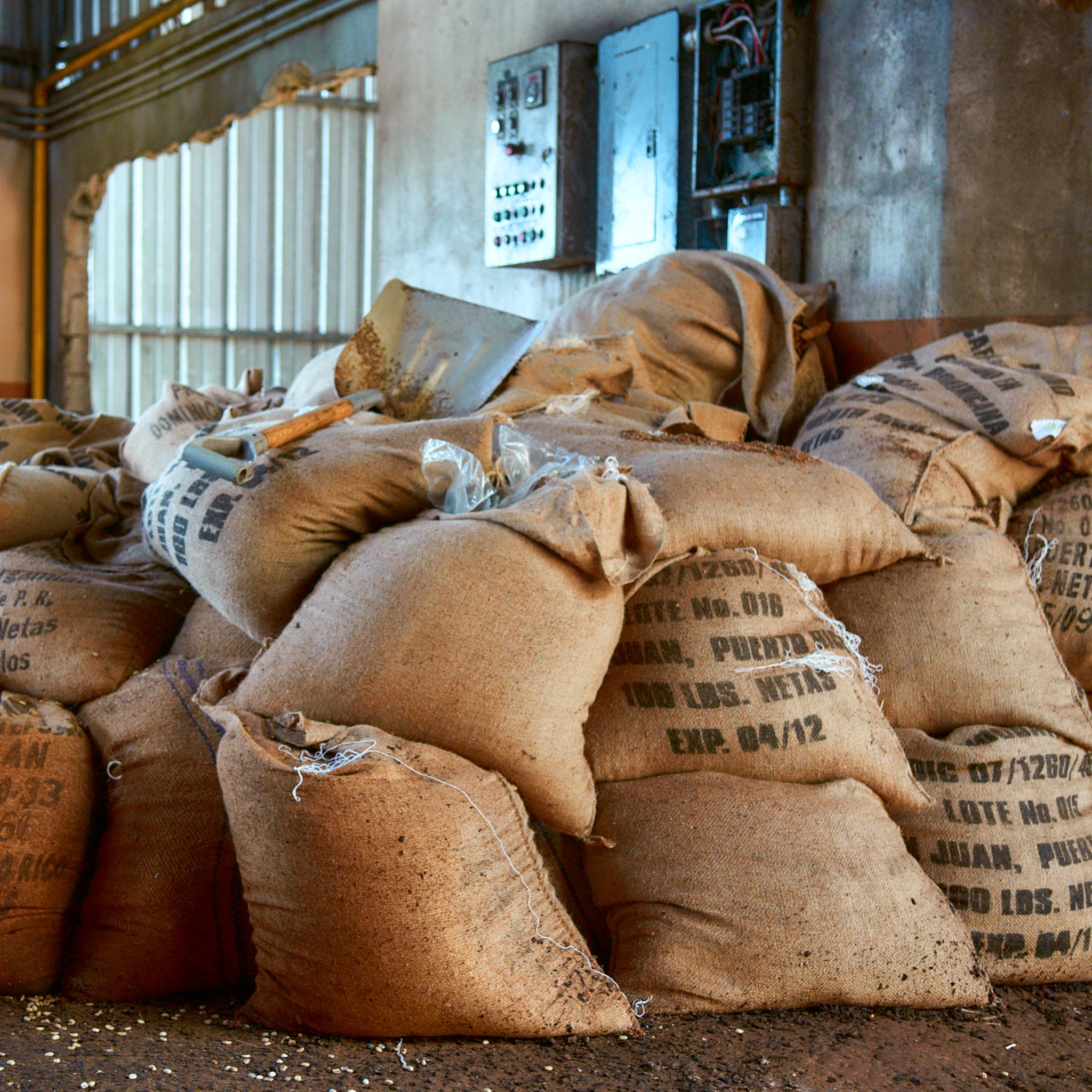 Stacked burlap coffee sacks inside a Puerto Rico coffee facility.